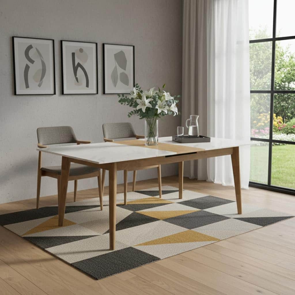 HomeRoots 86" White and Oak Wood Self-Storing Leaf Extendable Dining Table - 70.90 in. x 29.53 in. x 36.10 in.