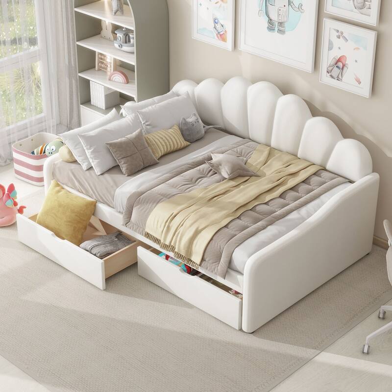 Full Size Shell-Shaped Backrest Upholstered Daybed with Optional Trundle or Drawers - Acacia Wood Beige with Drawers - Full