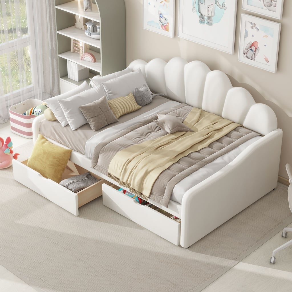 Full Size Shell-Shaped Backrest Upholstered Daybed with Optional Trundle or Drawers