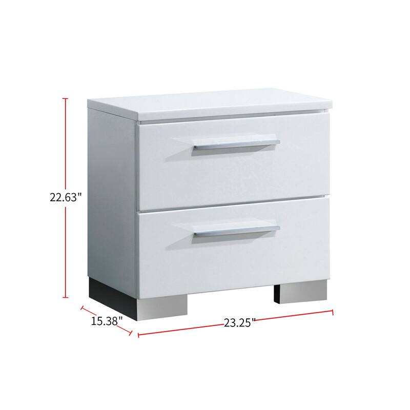 2 Drawers Wooden Nightstand, Glossy White