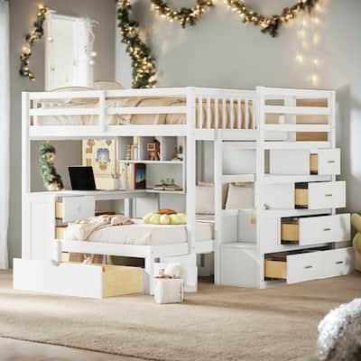Elegant Twin over Full Bunk Bed with Desk, Drawers and Shelves