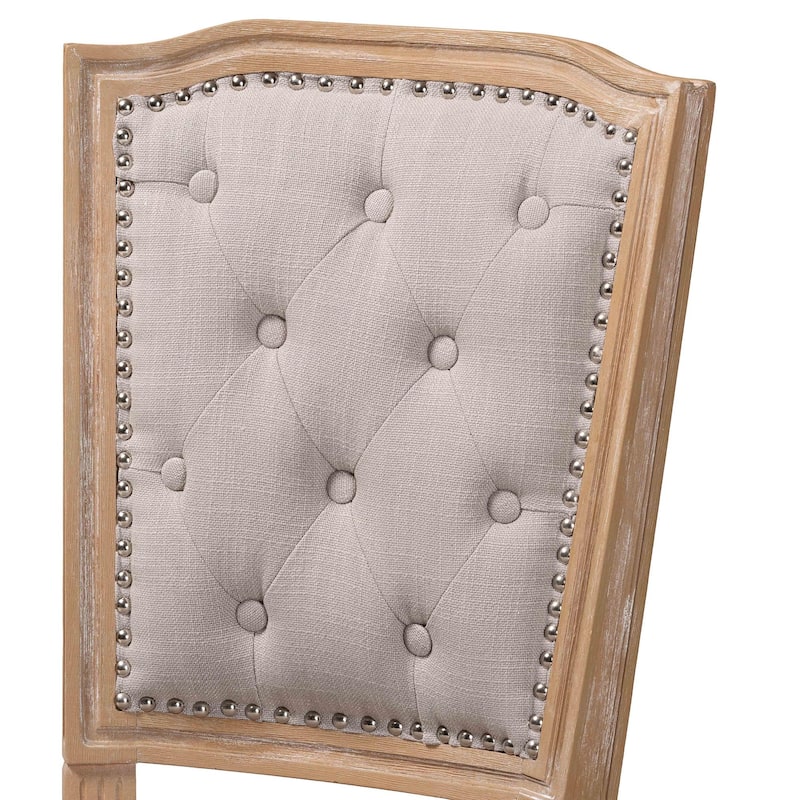 Baxton Studio Estelle Shabby Chic Rustic French Country Weathered Oak Beige Linen Button-tufted Chair