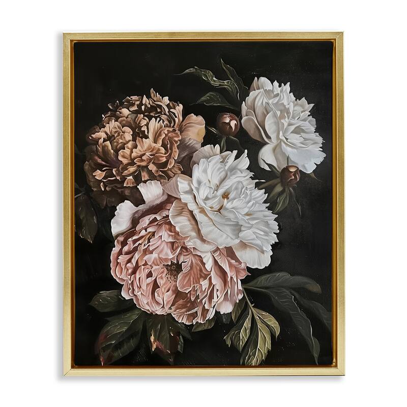 Stupell Moody Peonies on Black Framed Floater Canvas Wall Art Design By Arlington Prints - 25 x 31 - Gold
