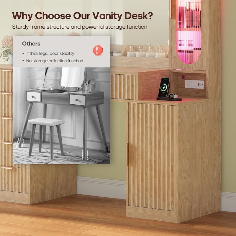 Makeup Vanity Desk Mirror LED Lights Charging Station RGB Lights Drawers Cabinet