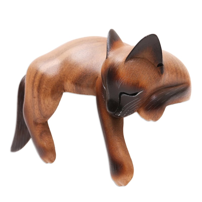 Novica Handmade Sleeping Feline Wood Statuette