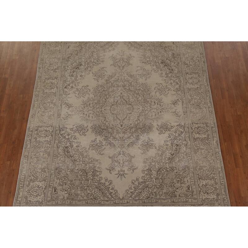 Distressed Tabriz Persian Vintage Beige Rug Hand-knotted Wool Carpet - 8'4" x 10'10"