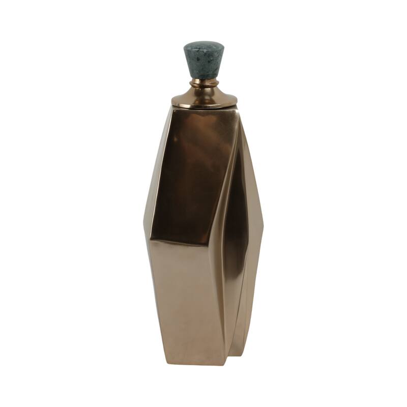 Metal and Marble Vase with Faceted Body Lid Contemporary Accent