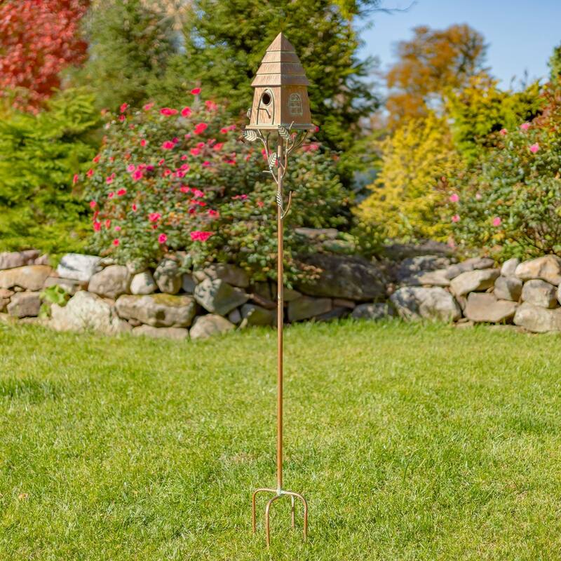 70.25" Tall Haystack Cabin Birdhouse Garden Stake "Sumeru" - 10" L x 7.5" W x 70.25" H