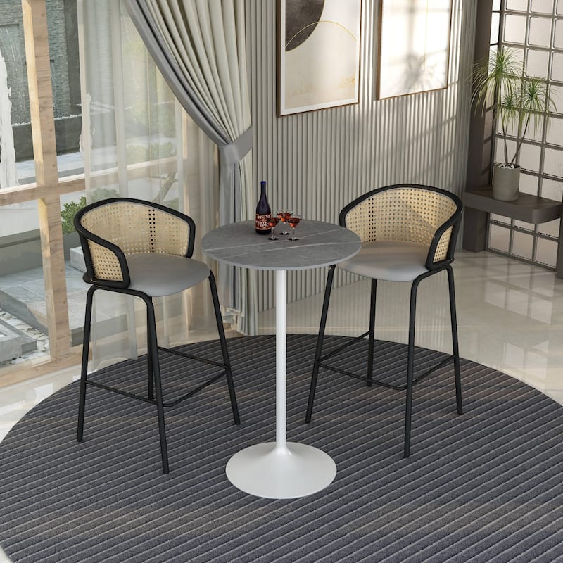 LeisureMod Verve 27" Bar Dining Table with Sintered Stone Round Top in White Steel, White Marbleized