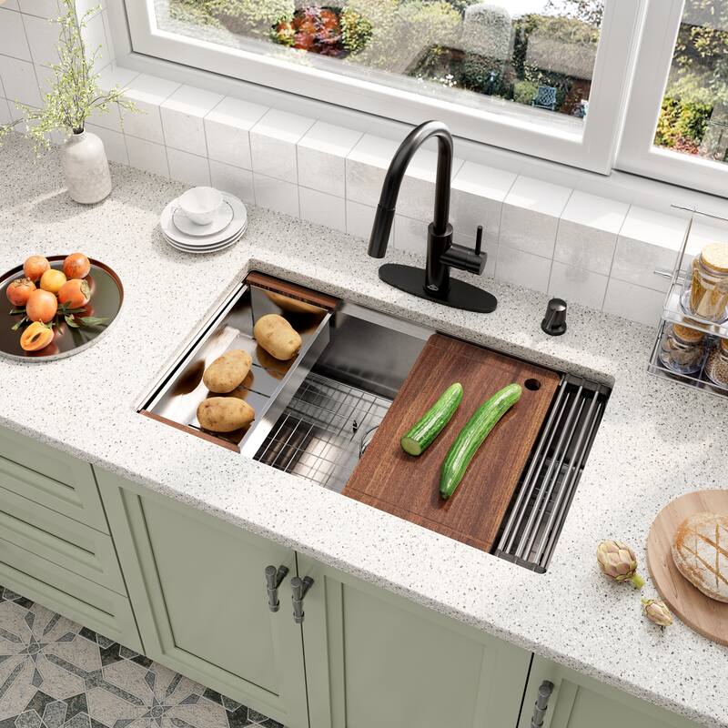 Nano Brushed Stainless Steel Undermount Workstation Kitchen Sink with Touchless Pull-Down Kitchen Faucet and Accessories