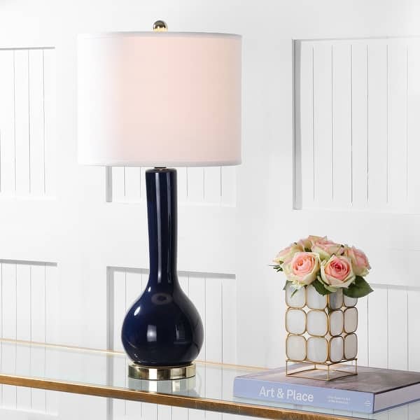 slide 2 of 10, SAFAVIEH Lighting 31-inch Mae Long Neck Ceramic Navy Table Lamp (Set of 2) - 14"x14"x30.5"