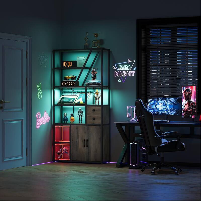 Wine Bar Cabinet with LED Lights, Tall Coffee Bar Station with Power Outlets and Wine Rack