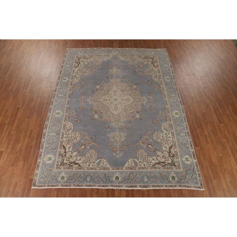 Blue Tabriz Vintage Persian Area Rug Hand-Knotted Wool Carpet - 9'5" x 12'4"