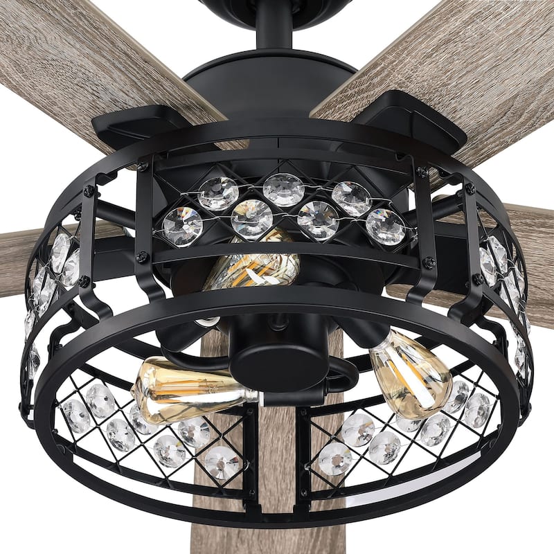 52" Oak Wooden 5-Blade Crystal LED Ceiling Fan with Remote - 3-Light