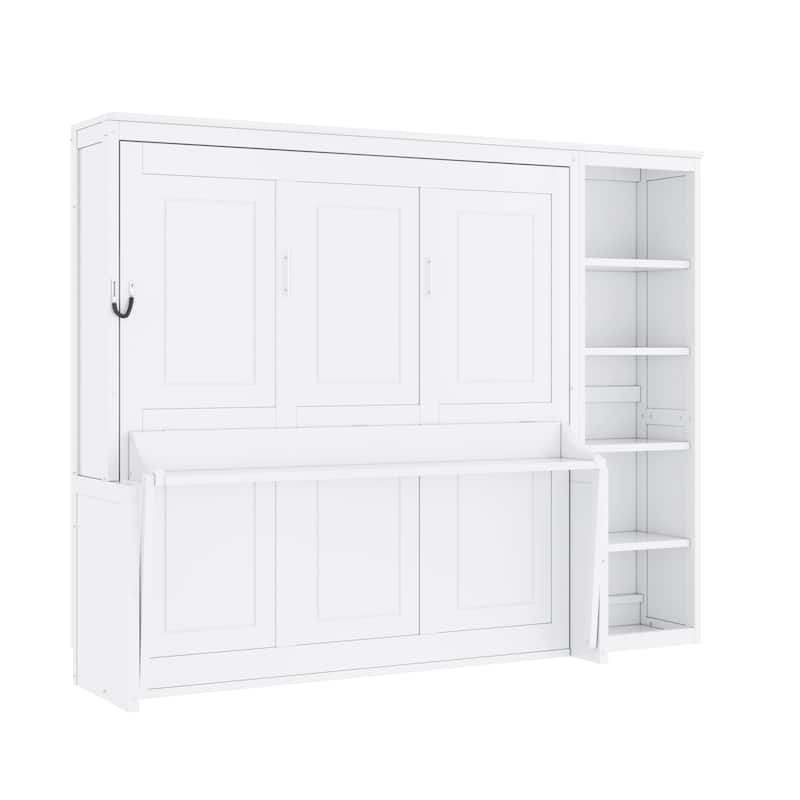Space-Saving Queen Murphy Bed with Built-In Desk and Bookshelf in White
