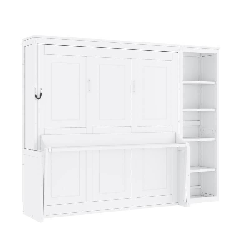 Wooden Murphy Bed Wall Bed with Storage Shelves and Built In Desk, Foldable Platform Bed Frame, Fold into The Wall