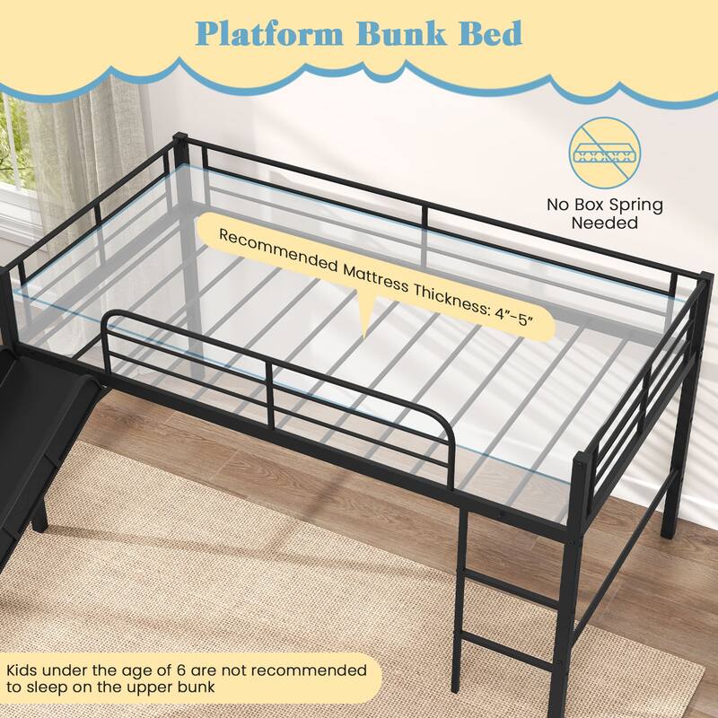 Gymax Twin Metal Loft Bed with Slide Guardrails Built-in Ladder Low