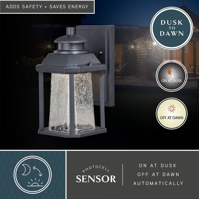 Freeport Aluminum 1 Light LED Dusk to Dawn Black Outdoor Wall Lantern Clear Glass - 5.5-in W x 9.75-in H x 6.5-in D