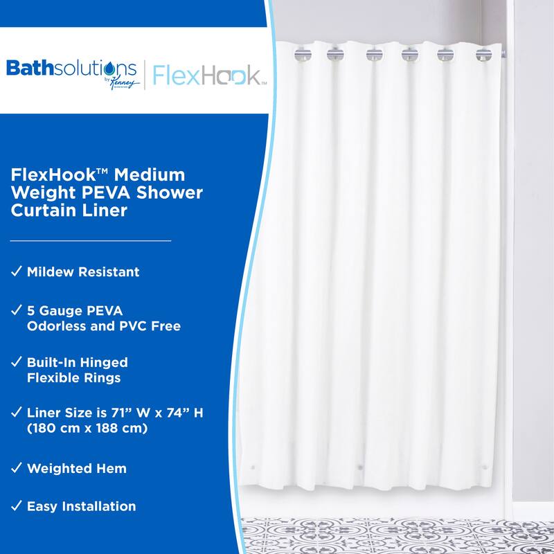 Kenney FlexHook Medium Weight PEVA Shower Curtain Liner, 71" W x 74" H