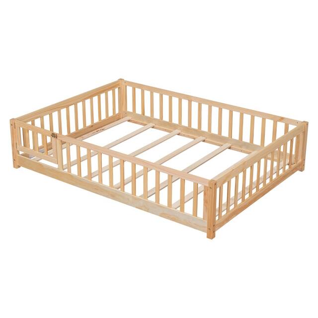Twin/Full/Queen size Floor Platform Bed with Fence and Door for Kids, Toddlers