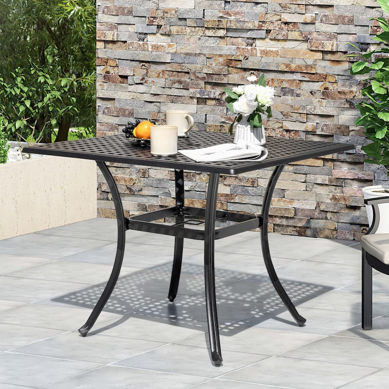 Square Cast Aluminum Outdoor Dining Table with Umbrella Hole and Mesh Tabletop, Black with Gold Speckles
