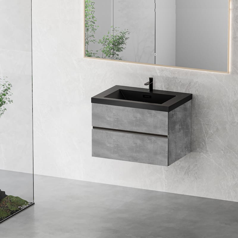 Grey Wall-Mounted Bath Vanity, Quartz Top,Sink and Soft Close Drawers