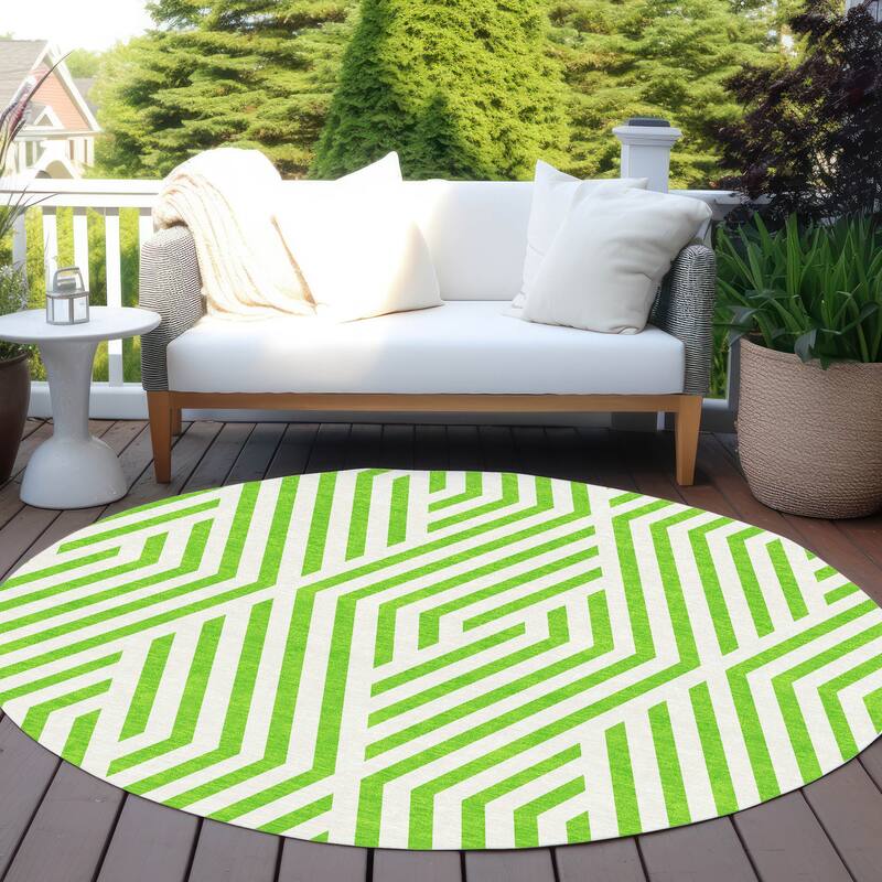 Machine Washable Indoor/ Outdoor Modern Diamonds Chantille Rug - 8' x 8' - Lime