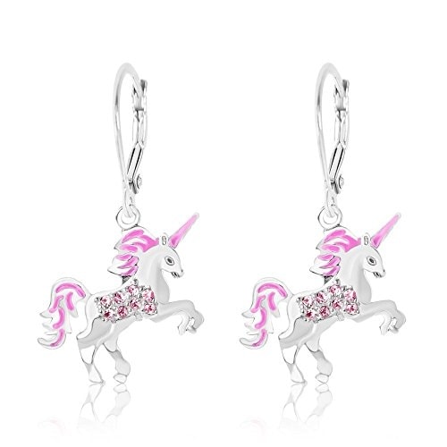 New White Gold Tone Pink Enamel Unicorn Crystal Silver Leverback Kids Earrings