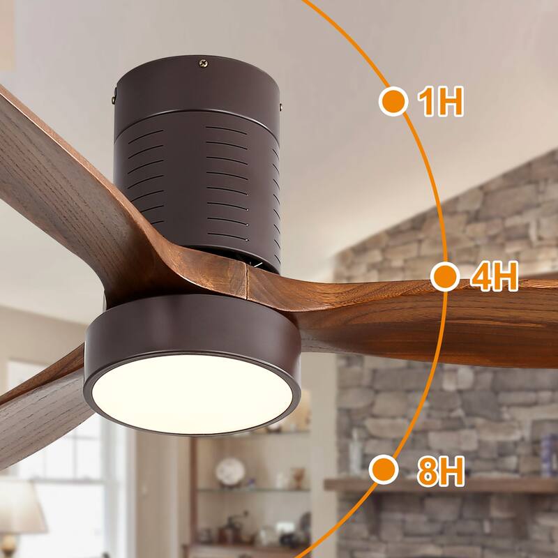 52 Inch Flush Mount Ceiling Fan with LED Light and Remote Control, 3 Solid Wood Blades Fan