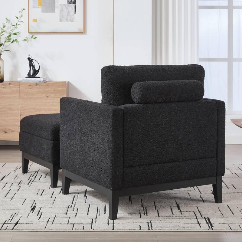 Upholstered Wood Base Square Accent Arm Chair with Ottoman