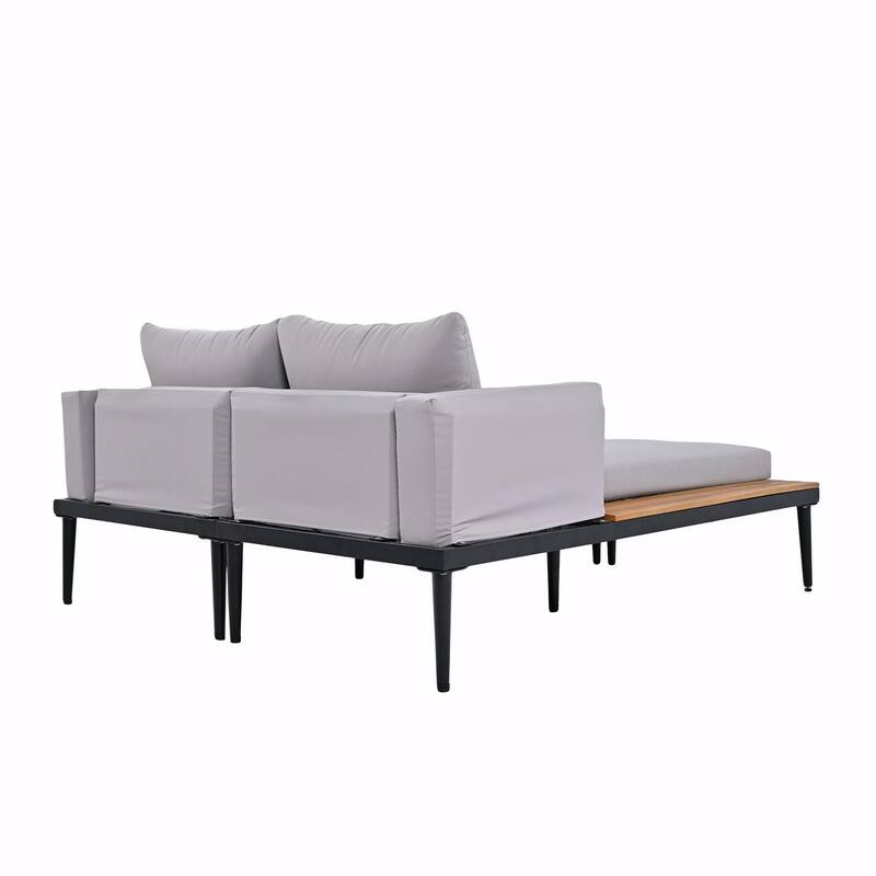 Modern Outdoor Metal Daybed with Wood Topped Side Spaces, 2-in-1 Padded Chaise Lounges