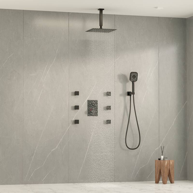 Celling Mount 12 Inch Rainfall Shower Head 3 Function Thermostatic Shower System with 6 Body Jets
