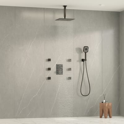 Celling Mount 12 Inch Rainfall Shower Head 3 Function Thermostatic Shower System with 6 Body Jets