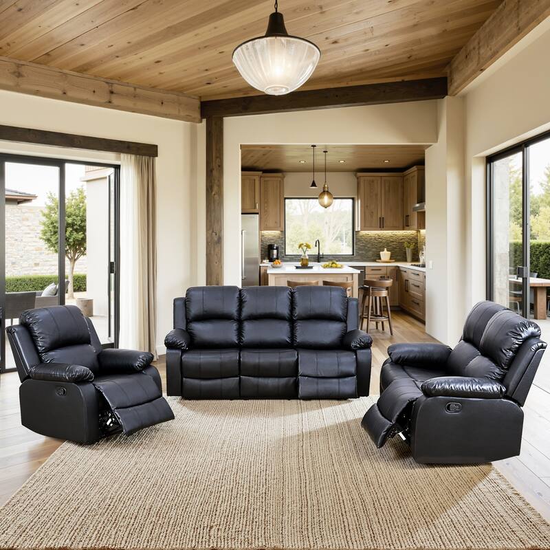 Semi PU And PVC 3-Piece Couch Living Room Sofa Set - Black