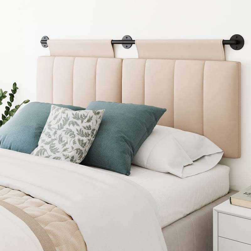 Nathan James Remi Wall Mount Tufted Headboard with Adjustable Straps and Black Metal Rail