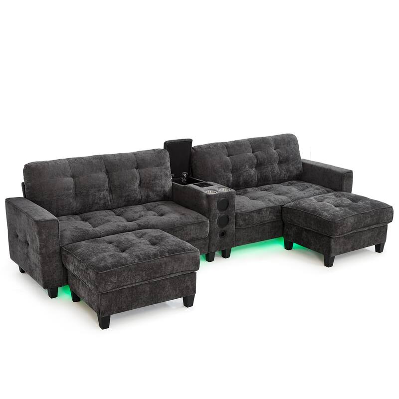 Roomfitters 126 Inch U-Shaped Modular Sectional Sofa with Storage Ottomans and Bluetooth Console