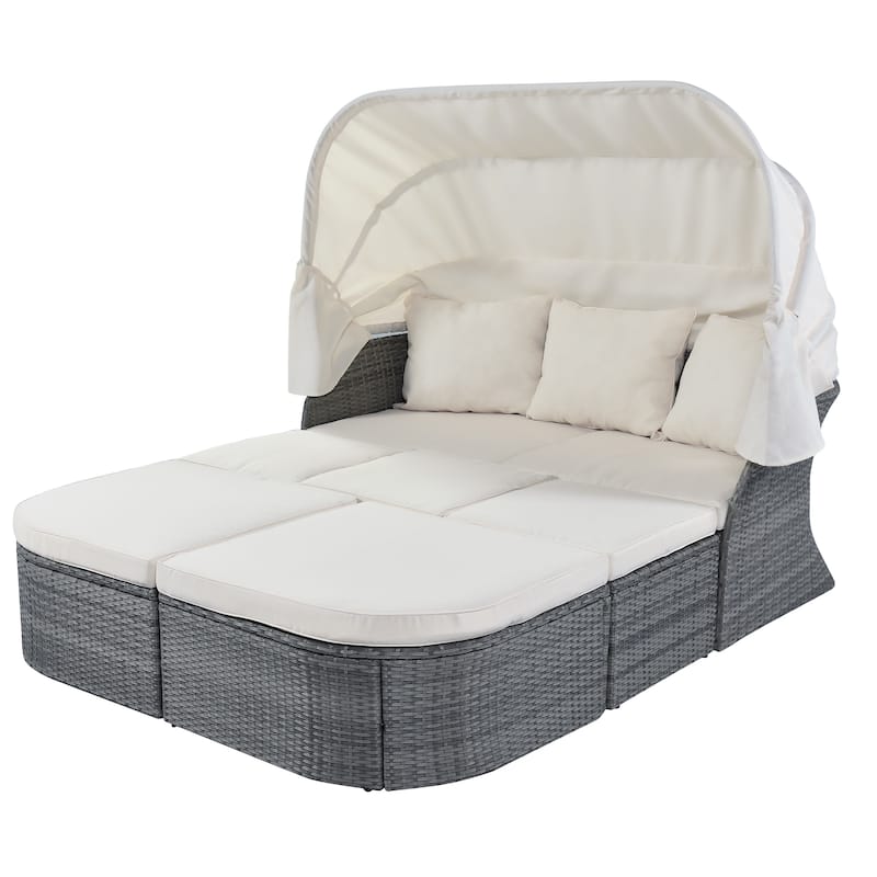 6-Pieces Outdoor Patio Rattan Round Daybed Sunbed Set with Retractable Canopy and Lift Table