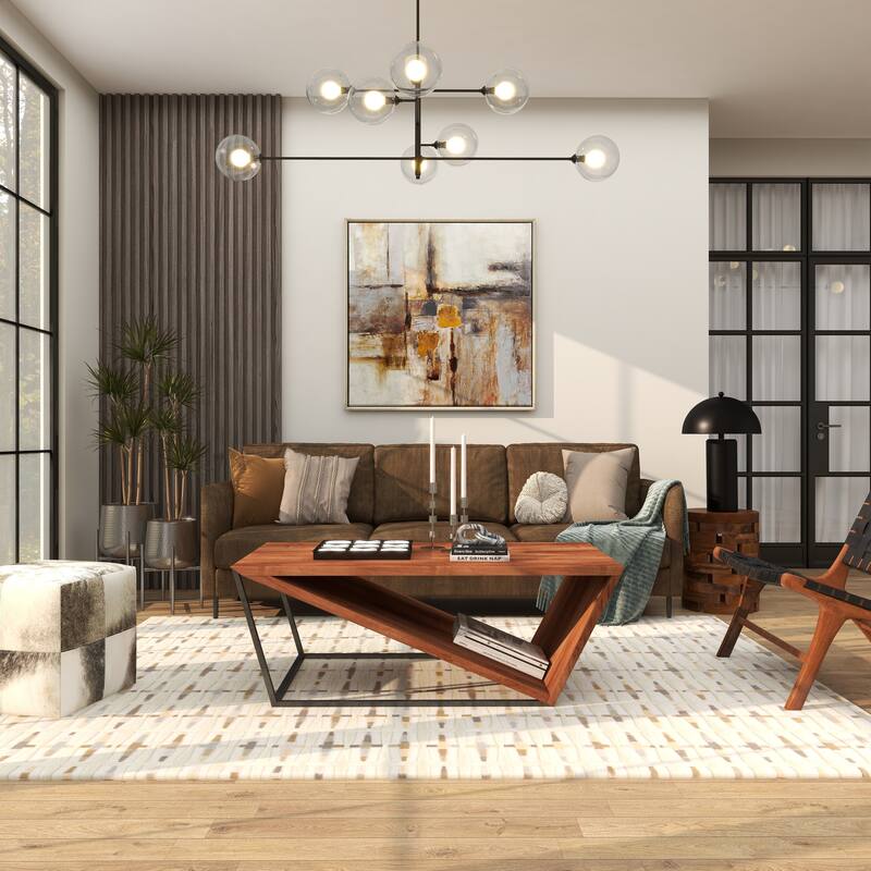 Brown Wood Diagonal Open Frame Living Room Coffee Table with Gray Metal Base