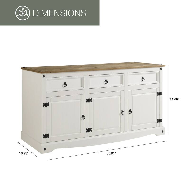 OS Home and Office Furniture Model COW917 Cottage Series Wood Buffet Sideboard in Distressed White