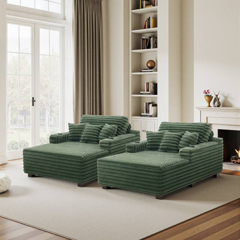 53"W Oversized Plush Fur-Like Chaise Lounge Sofa with Cup Holder