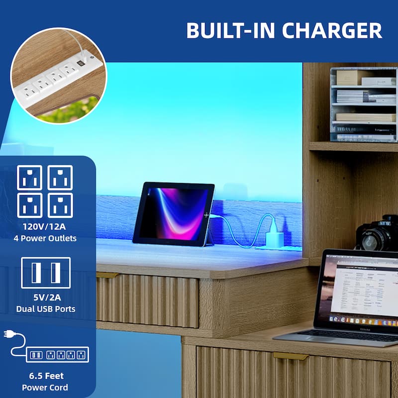 Moasis L Shaped Computer Desk with Hutch and Drawers Home Office Desk w/LED Light and Power Outlets