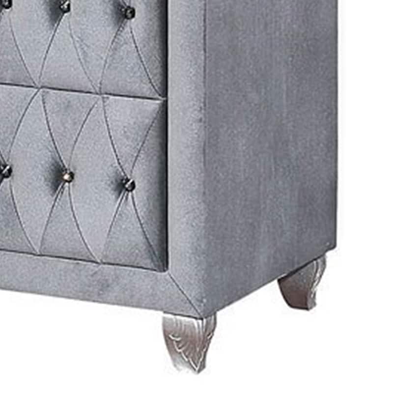 Rea Wide Dresser, 7 Drawers with Crystal Knobs, Gray Velvet Upholstery