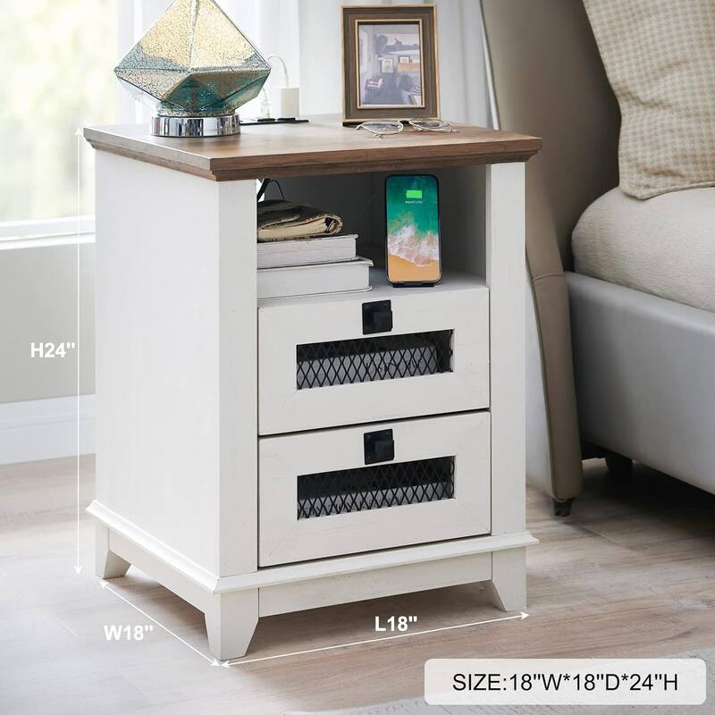 Farmhouse Nightstand with Charging Station, End Table, Side Table