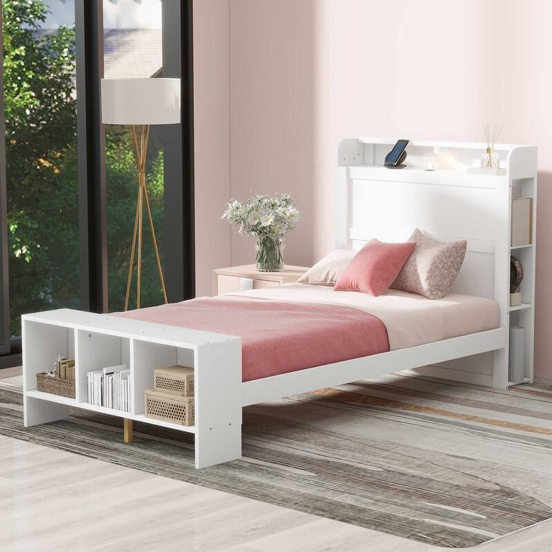 Platform Bed with Built-in Shelves,LED Light and USB Ports,Full/Twin Size