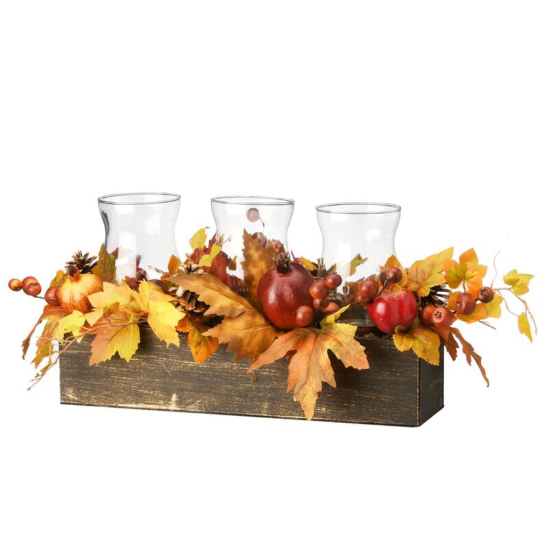 National Tree Company Artificial Autumn Centerpiece with Maple Leaves, Pomegranates, Pine Cones, Holds Three Candles, 24 Inches