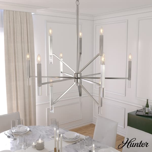 slide 2 of 7, Hunter Sunjai 12-Light 3-Tier Candle Chandelier - Contemporary, Glam, Geometric Brushed Nickel