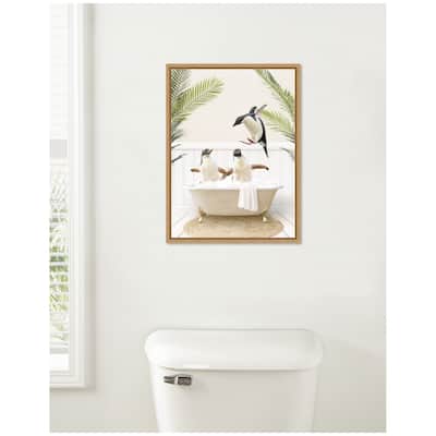 Kate and Laurel Sylvie Penguins in Palms Bath Framed Canvas by Amy Peterson