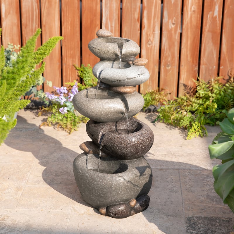 Glitzhome 24.5"H 5-Tiered Zen Style Stacked Pebbles Polyresin Outdoor Fountain with Pump and LED Light
