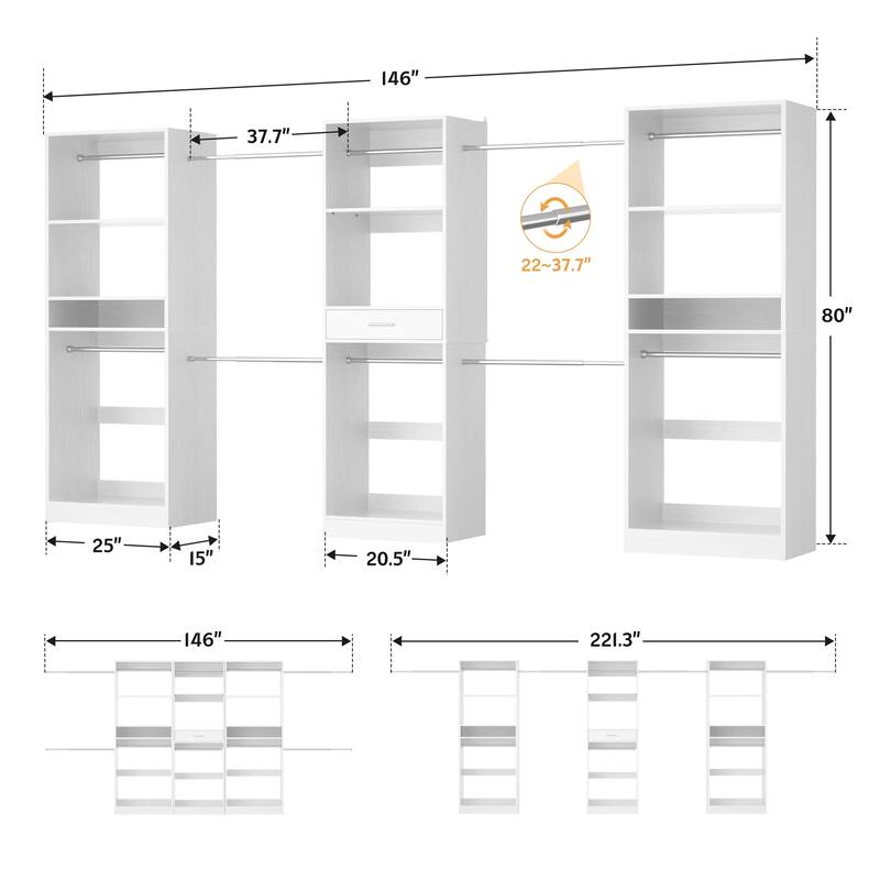 70'' - 221'' Set of 3 Closet System Organizer with Adjustable Hanging Rods and Shelves