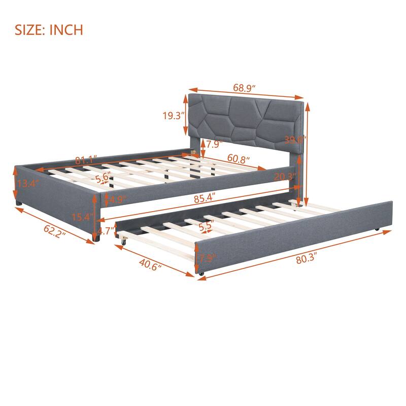 Full/Queen Size Linen Upholstered Bed with Twin Trundle and Modern Brick Pattern Headboard